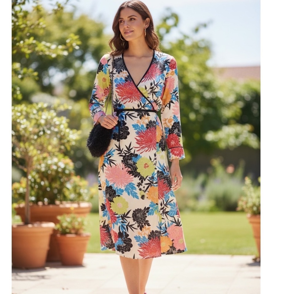 Topshop Floral Wrap Midi Dress Cream Multicolor Long Sleeve V-Neck Size‎ 8